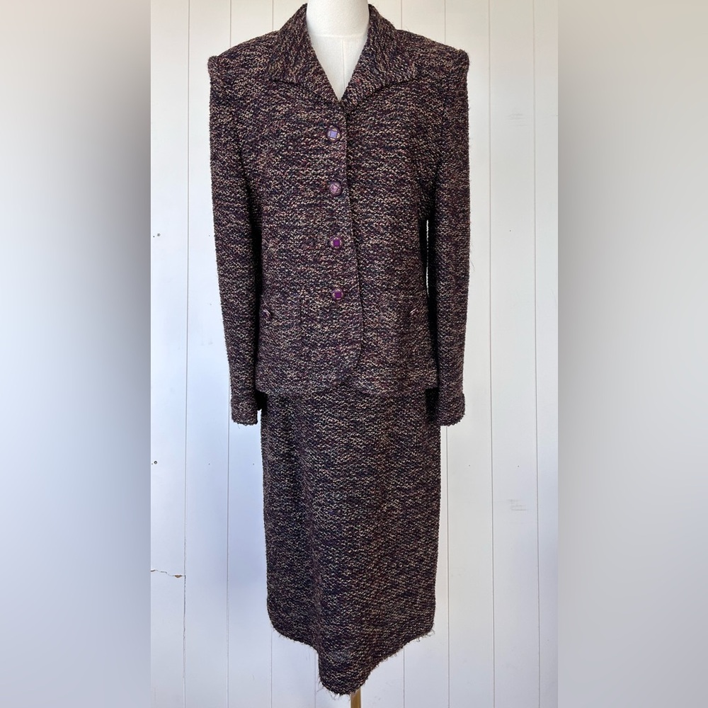 Henry Lee Boucle Skirt Suit Full Button Jacket Shoulder Pads Lined Plum Size 10
